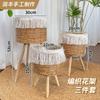 Rack de flores tecido à mão Rack de armazenamento Piso da sala de estar Simples Alto e Baixo Rattan Tecido Verde Rattan Cesta Suspensa Tripé Tecido Rack de Flores