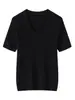 Camiseta de Punto Fina de Lana Nueva para Mujer, Primavera y Otoño, Cuello en U, Manga Corta, Color Sólido, Corte Delgado, Camiseta Básica