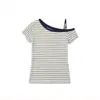 Camiseta de Algodón Original MrFull con Rayas Teñidas en Hilo, Estilo Coreano, Rayas, Hombros Descubiertos, Manga Corta para Mujer, Top Casual de Verano Ajustado con Hombros Descubiertos