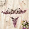 Lencería sexy transfronteriza europea y americana con estampado de leopardo y bordado floral, sujetador push-up con aros y tanga transparente para mujer