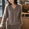 Suéter de lana cepillada con cuello redondo estilo perezoso para mujer, otoño invierno, nuevo, suave, holgado, color liso, jersey de punto base para mujer