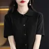 Cardigan camisa elegante de color liso con solapa estilo coreano, suelto, adelgazante, para commuting, algodón, camiseta de punto de manga corta para mujer