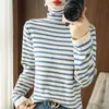 Suéter de otoño transfronterizo, nuevo estilo, bloques de color, rayas, cuello alto enrollado, sencillo, corte ajustado, rejuvenecedor, ropa interior para mujer