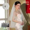 Véu Branco Liso com Gola Bordada, Véu de Casamento, Véu de Pedido, Véu Feminino para Registro de Casamento, Adereços para Fotos Cerimoniais, Acessório de Cabeça para Noiva