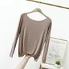 Camiseta base de modal y algodón para primavera y verano para mujer, camiseta de manga larga talla grande, corte holgado, sin costuras, hombros descubiertos, top fino