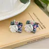 Aretes de Botón de Rosa de Cerámica de Pintura al Óleo Retro Francés de Aguja de Plata S925 Elegantes Elegantes con Sentido de Diseño Pastoral