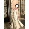 Vestido de Cetim com Suspensório para Mulheres, Estilo Novo, Borda Ruffle Chique, Estilo Suave, Saia Longa, Vestido de Banquete