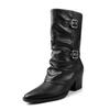 Diaba Fashion~ Fivela de Cinto de Couro Estilo Punk Bota de Couro Bovino 2025 Salto Alto Robusto Bico Fino Botas de Couro Genuíno de Cano Médio