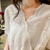 Top Holgado Talla Grande 1688 con Encaje Calado de Ganchillo Estilo Coreano Sexy Cuello en V Talla Grande Camiseta de Manga Corta Versátil