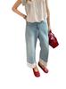 Jeans Patchwork com Renda para Mulheres Baixas, Design Primavera e Verão, Calças de Cintura Alta Reta Plus Size, Calças de Perna Larga para Mulheres Curvilíneas