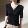 Camiseta de Manga Media para Mujer 2025 Nueva Europea para Mujer con Cuello en V Cruzado de Malla Estilo Occidental Camisa Elegante con Top de Cintura Plisada