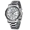 Reloj LIGE multifuncional de cuarzo impermeable para hombre, estilo de negocios, deportivo, casual, de moda, con correa de acero en color blanco plateado