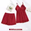 Pijama Feminino de Verão Fino Seda Gelada Renda Sexy Alça Longa Camisola Conjunto de Quatro Peças Roupas Caseiras Femininas com Bojo