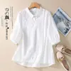 Camisa Bordada de Algodón y Lino de Manga Tres Cuartos para Mujer, Diseño Artístico Retro, Top de Algodón y Lino, Nuevo Estilo de Verano