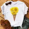 Camiseta Casual Kawaii para Mujer Maycar con Estampado de Girasol y Mariposa Ropa Casual Cómoda para Mujer Negro