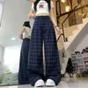 Pantalones casuales holgados de cuadros azules de cintura baja estilo retro americano para hombres y mujeres, estilo casual, pantalones de pierna ancha rectos adelgazantes de longitud de piso, modernos
