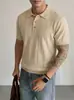 Camisa Polo de Lino Tencel Calibre 16 para Hombre, Top Delgado Transpirable de Manga Corta con Cuello Campana para Verano, Camiseta de Manga Corta Tejida Estilo Old Money
