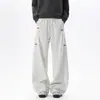 Pantalones deportivos plisados bordados blanco gris para hombre, otoño, estilo americano, caída, pantalones de fitness, marca de moda, pantalones casuales de pierna recta