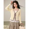 Cardigan Tejido Retro de Bloques de Color con Encaje de Ganchillo, Cardigan Delgado Tejido con Cierre de Corbata y Recorte de Corazón