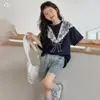 Conjunto de Shawl de Encaje con Lazos y Camiseta con Pedrería y Shorts de Mezclilla Desgastada para Niñas, Estilo Nuevo Verano 2026, para Niños Mayores
