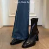 2025 Nuevas Botas Cortas de Tacón Alto Cuadradas Ajustadas para Otoño e Invierno Botas de Tacón Grueso Estilo Retro Botas Cortas de Estilo Británico para Mujer