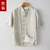 Camisa de Lino Estilo Chino para Hombre de Verano Delgada Cuello Vertical Hebilla Manga Corta Camisa de Lino Vintage Holgada para Hombre