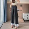 25002 Pantalones de Pierna Ancha con Encaje para Mujer Verano Nuevo Cintura Alta Adelgazante Look Suelto Pequeño Nueve Puntos Piernas Anchas