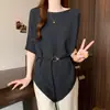 Moda de Verano para Mujer Tallas Grandes Nuevo Estilo Elegante Hombros Descubiertos Mangas Murciélago Ceñido a la Cintura Adelgazante Tejido de Seda Helada Top