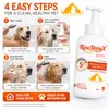 El Champú Espumoso para Mascotas KineShineX Sin Enjuague no requiere enjuague, proporciona una limpieza profunda, no irrita los ojos y es hipoalergénico.