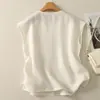 Algodão e Linho Design Minimalista Versátil Top Sem Mangas com Decote em V, Emagrecedor, Relaxado, Solto e Confortável Regata