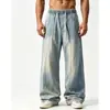 Calça jeans masculina estilo americano com gradiente desgastado e cordão, cintura elástica, perna larga, corte reto, fluida, lavada, calça comprida casual retrô