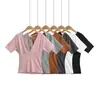 25109-26 Primavera Estilo Coreano Ajustado Cuello en V Profundo Atado Liso Corto Manga Corta Suéter Camiseta Camisa Base