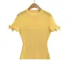 Camiseta Feminina de Verão Estilo Coreano Branca com Laço Vazado em Tricô de Seda Gelada Manga Curta, Modelo Hot Girl, Ombros Normais, Caimento Ajustado, Cropped