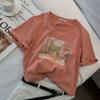 Camiseta de Manga Corta Estampada con Letras y Pintura al Óleo Naranja para Mujer, Nueva de Verano, Estilo Coreano, Holgada, Adelgazante, Versátil, Top de Algodón de Media Manga