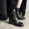 Botas Finas de Salto Alto Versátil Estilo Coreano Dongdaemun 2024 Inverno Salto Grosso Bico Redondo Commuter Elásticas para as Pernas para Mulheres