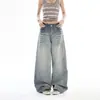 #Bigotes de Gato Textura Lavada Desgastada Jeans de Pierna Ancha Mujer Sueltos Adelgazantes Personalidad de Nicho Versátiles Pantalones de Longitud Completa