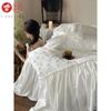 Falda de Cama Blanca Pura Estilo Francés Flor Cortada Hada Algodón Lavado Juego de Cuatro Piezas Encaje Plisado Algodón Encriptado Ropa de Cama