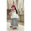 Conjunto de Ropa para Niña 2026 Verano Nuevo Elegante Bordado Encaje Sin Mangas Top y Jeans de Pierna Ancha Conjunto de Dos Piezas