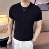 Camiseta de Verano Estilo Coreano Juvenil Ajustada Cuello Redondo Rayas Hombres Transfronteriza Seda de Hielo Ajustada Elástica Delgado Mangas Cortas