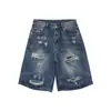 Shorts de mezclilla nirben, estilo retro americano, desgastados, lavados, para hombre, estilo callejero, holgados, casuales, versátiles, hasta la rodilla