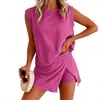 Traje Casual de Moda de Color Puro para Exportación Transfronteriza para Mujer Verano 2025 Nuevo Camiseta de Algodón Puro de Manga Corta Pantalones de Tres Cuartos Dos Piezas