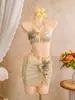 2026 Nuevo Estilo Europeo y Americano Sexy Brillante Traje de Baño Bikini de Tres Piezas Bordado Floral Transfronterizo