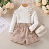 Traje de otoño e invierno para niñas Amazon Conjunto de dos piezas a cuadros de lana con top de cuello alto acanalado para niños