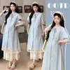 Outfits de Verão Artísticos e Únicos Lindo 2026 Nova Blusa Azul Listrada Vestido Renda Calça de Perna Larga Roupa para Gestante