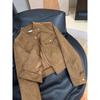 Jaqueta de Camurça de Couro de Veado Cor de Café Maillard para Mulheres, Design de Primavera e Outono, Jaqueta Biker Curta Petite de Nicho Top