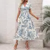 Ropa Baifen Transfronterizo 2026 Nuevo Estilo Vintage Elegante Vestido con Estampado de Paisaje Pastoral Cuello en V Ajustado a la Cintura