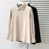 Nueva colección de otoño e invierno para mujer de talla grande: top versátil de color liso con cuello polo y manga larga, puños con volantes, perfecto como capa interior o camiseta, estilo 1054