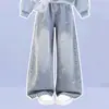 Conjunto de Chicas 2026 Estilo Universitario Top con Cuello Polo Jeans con Lazo Conjunto de Dos Piezas de Moda Tendencia