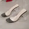 Sandalias Transparentes de Punta Abierta con Diamantes Completos Estilo Europeo y Americano Transfronterizas para Mujer, Tacón Grueso de Cristal de Punta Cuadrada, Mules Brillantes de Punta Abierta Sexy de Talla Grande
