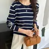 Top de Malha Gola Redonda Manga Longa Bloco de Cores Listrado Soltinho 100% Algodão Novo Primavera/Verão 2026 para Mulheres